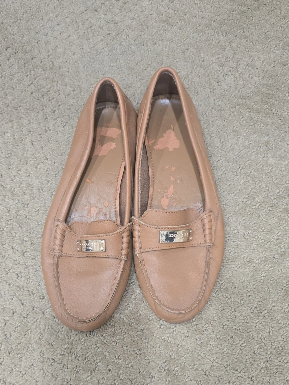 Coach Women’s Nude Tan Leather Slip-On Loafers with Metal Plaque 8